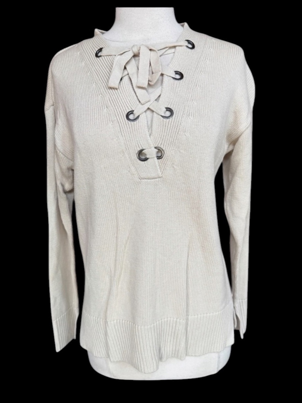 Simply Vera Cotton Blend Light Tan V-Lace Up‎ Neckline Pullover Sweater